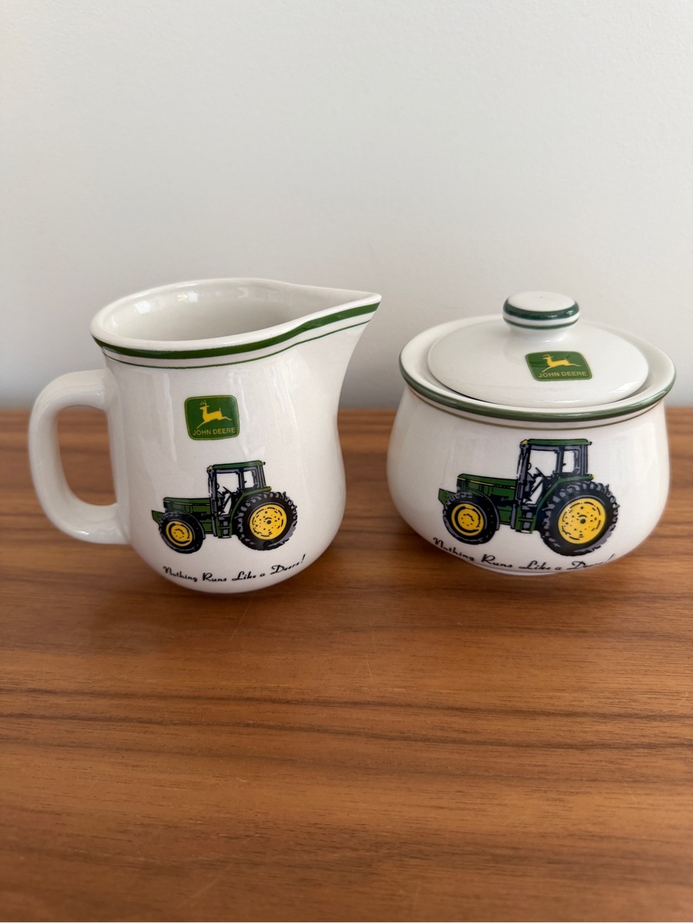 JOHN DEERE Gibson Cream & Sugar With Lid Ceramic Tractor Logo Farmcore Country